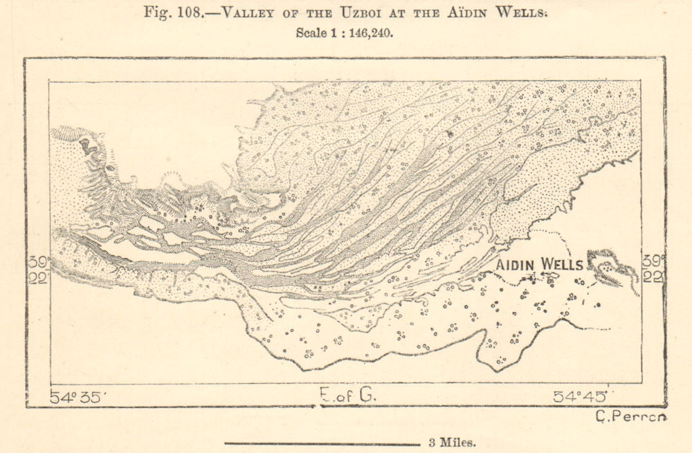 Dried-up Uzboy river, Aidin Wells, Turkmenistan. Sketch map 1885 old